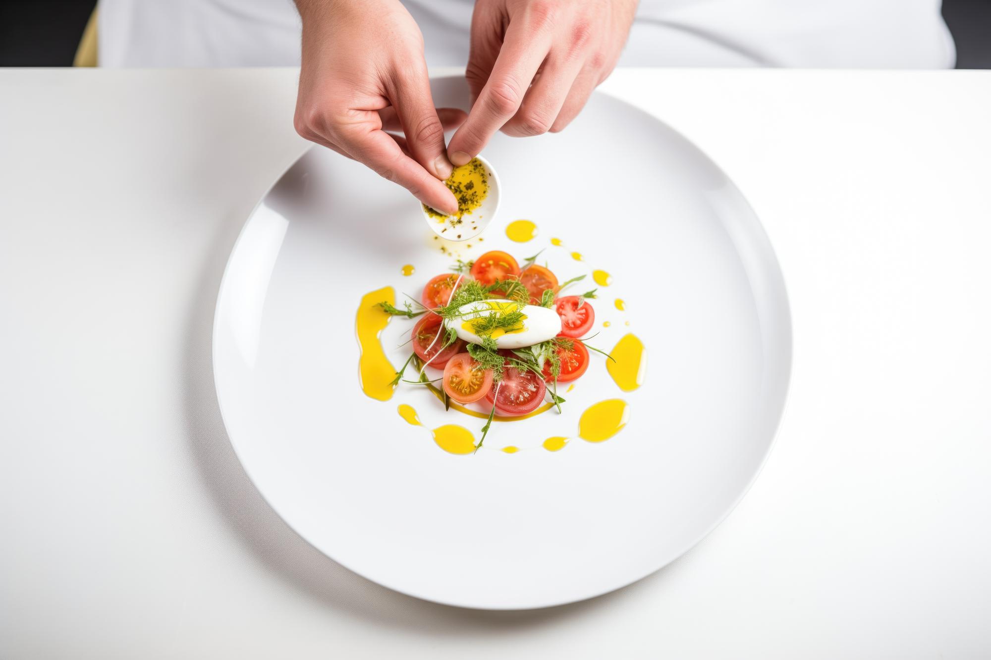 Chef plating creative dish in bright studio kitchen